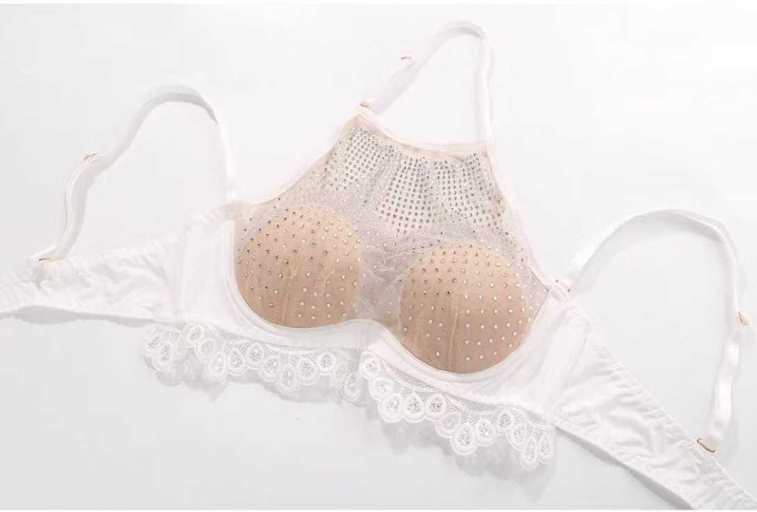 Womens Rhinestone Mesh Halter Bralette - Backless Lace Trim Crop Top